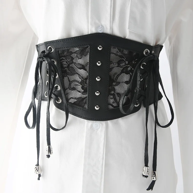 

Lace women's waist belt with wide elasticity and elastic waistband decoration, and ruffled edge waist seal in black