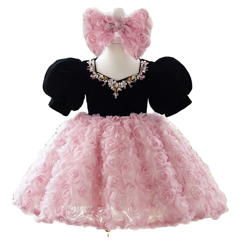 

Toddler Girl's Black PinK Knee-Length Rosette Birthday Party Dress Pageant Perform Princess Ball Gown for 0-14Y Kids