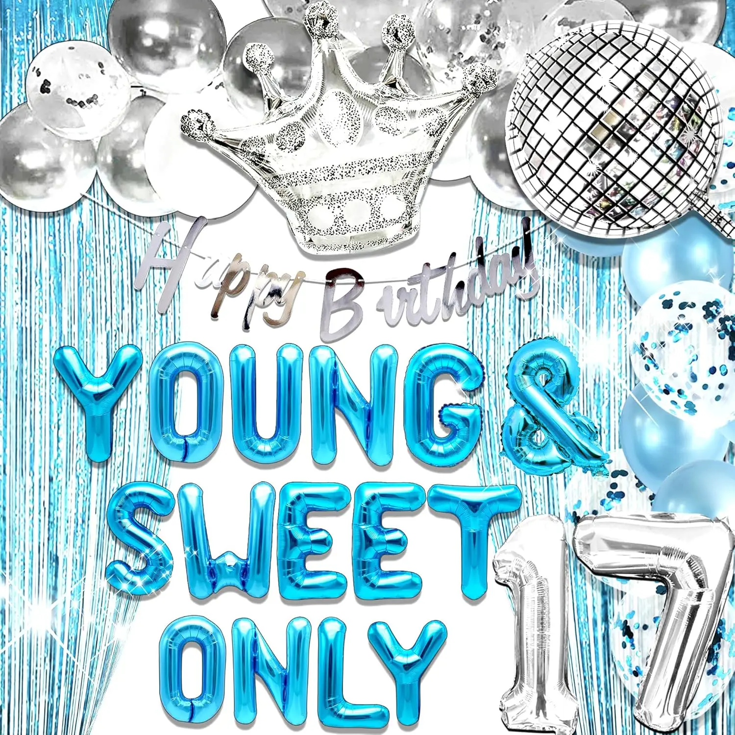 LaVenty Silver Blue Young and Sweet Only 17 Birthday Decoration Young and Sweet Only 17 Banner Dancing Queen Disco Balloons