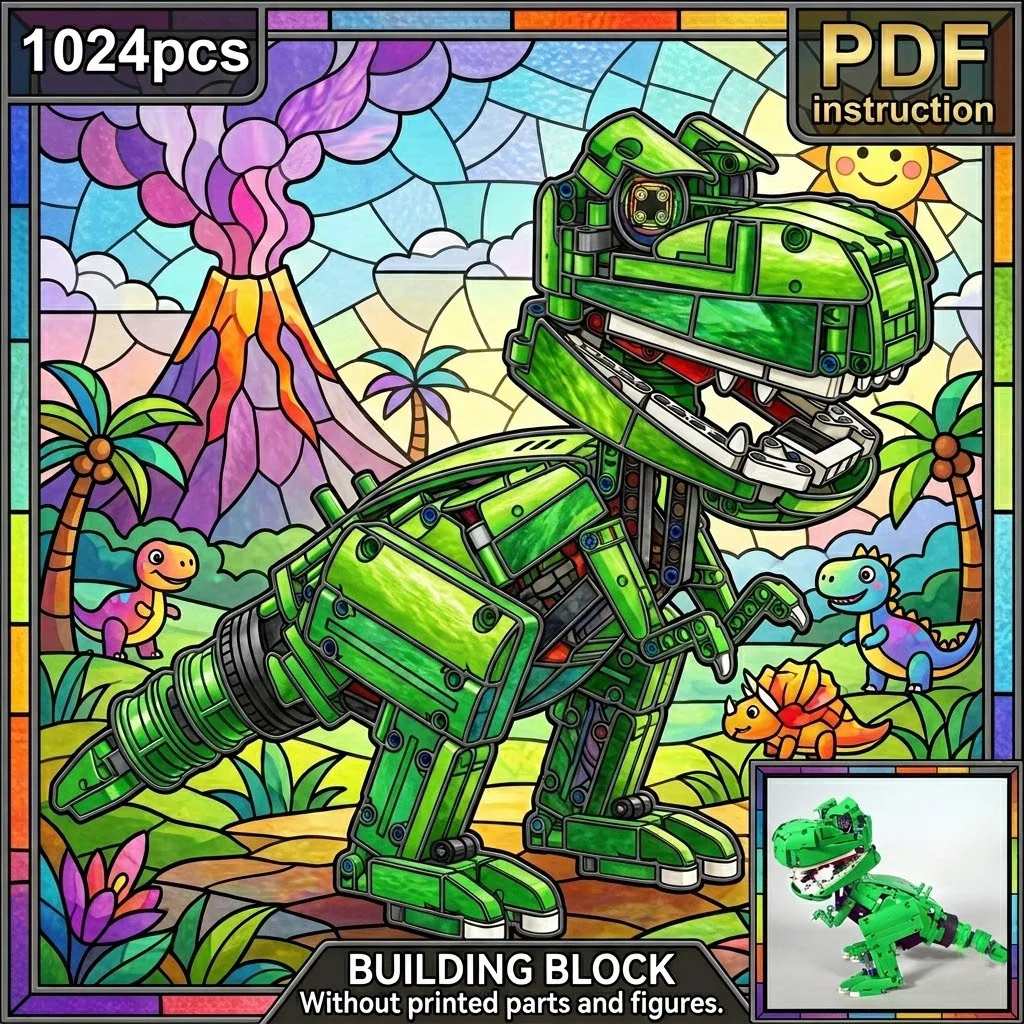 

Green Mechanical T-Rex Dinosaur MOC Block Model Articulated Technic Style