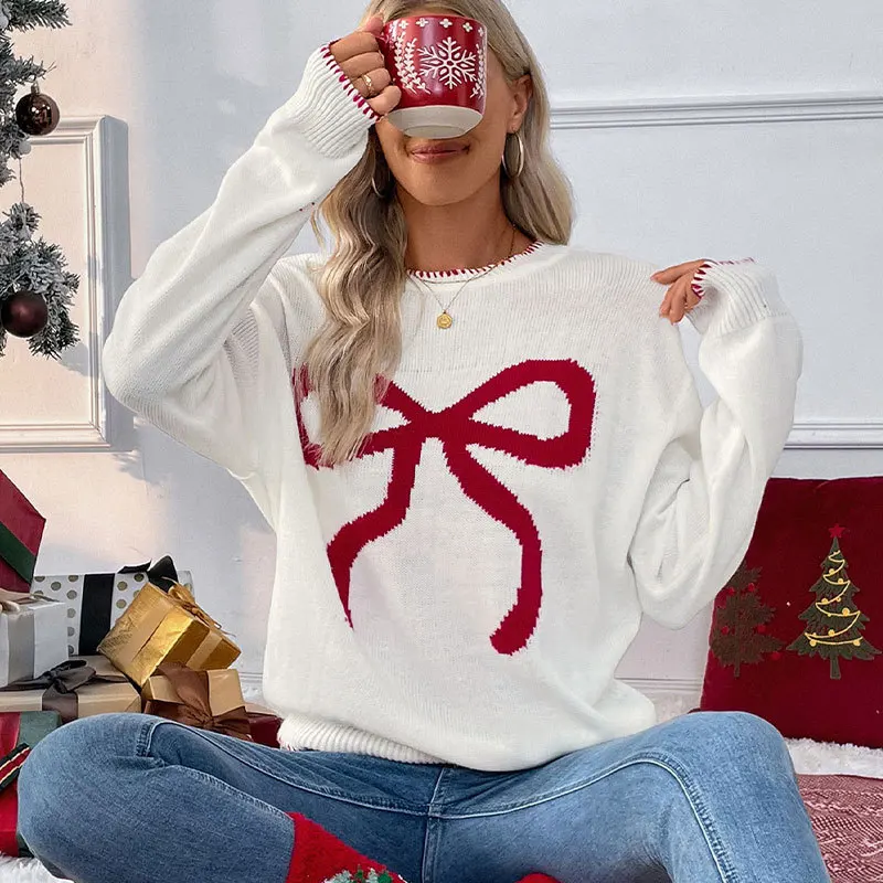 2024 Autumn And Winter Knitted White Sweater Fashionable Loose Long Sleeved Round Neck Christmas Red Bow Print Sweater Jumpers