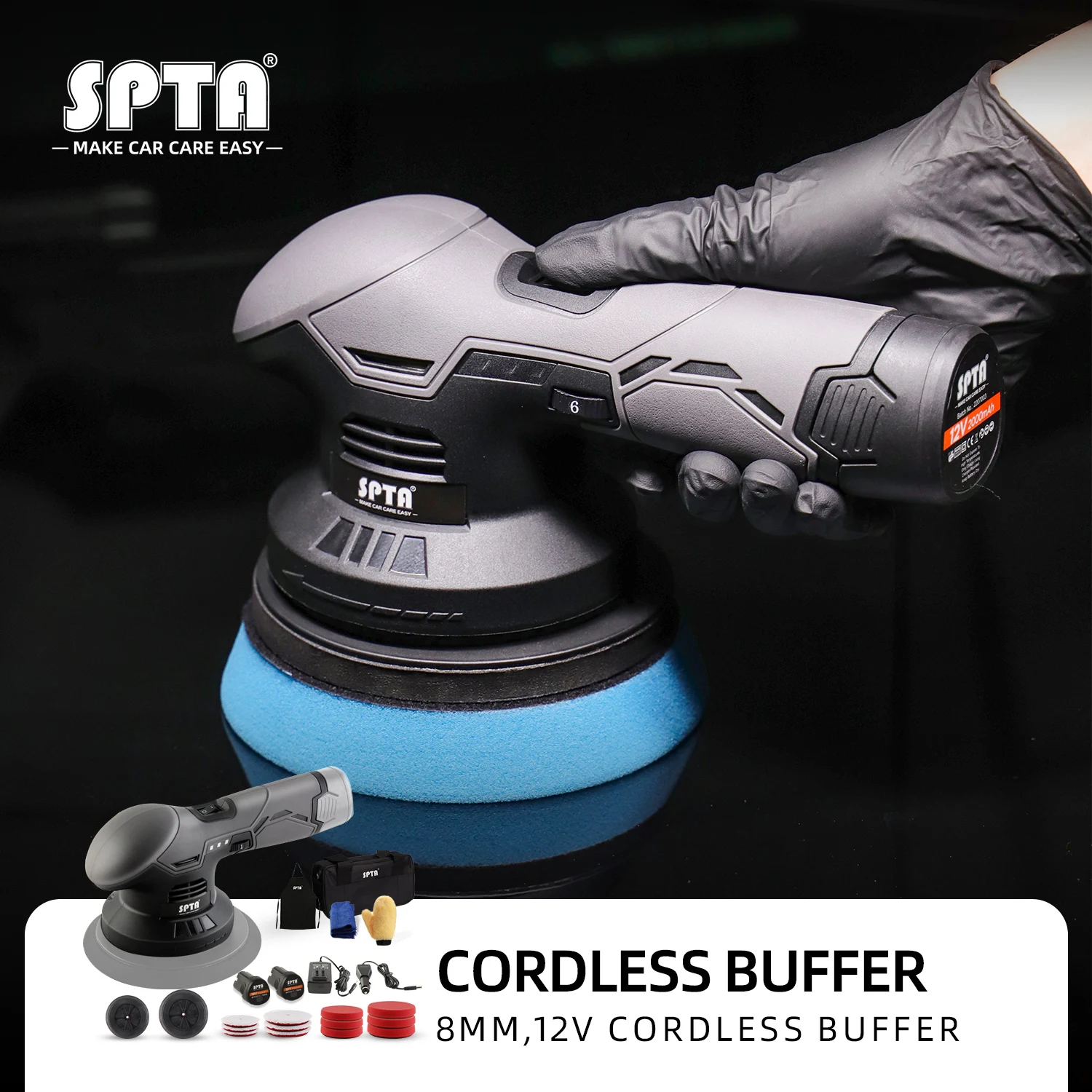 SPTA 12V Cordless Polisher DA Buffer with 2 2.0Ah Battery Variable Speed Dual Action Machine Kit for Waxing