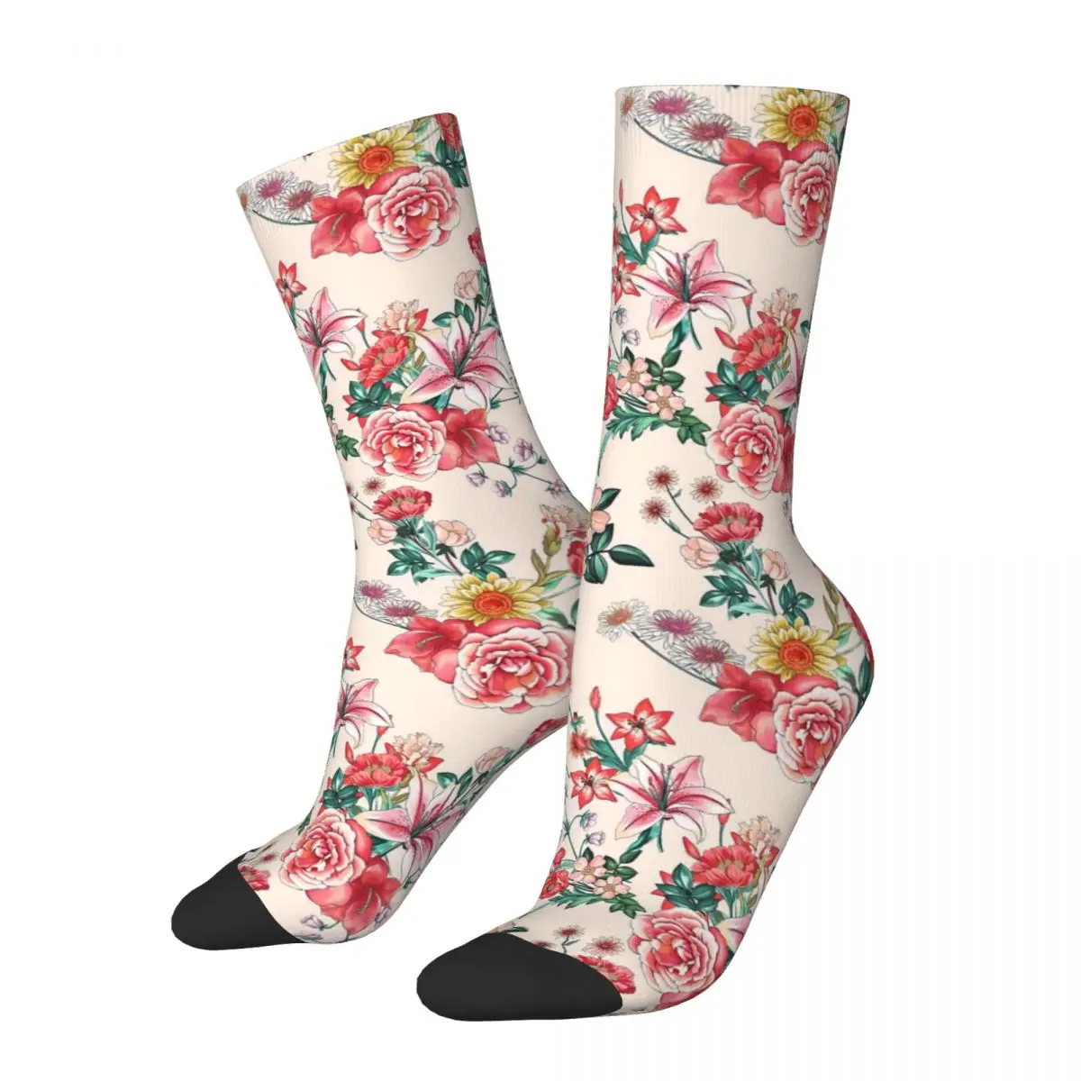 Vintage Flower Print Socks Red Floral Vintage Stockings Autumn Non Slip Women Men Socks Soft Custom Skateboard Socks