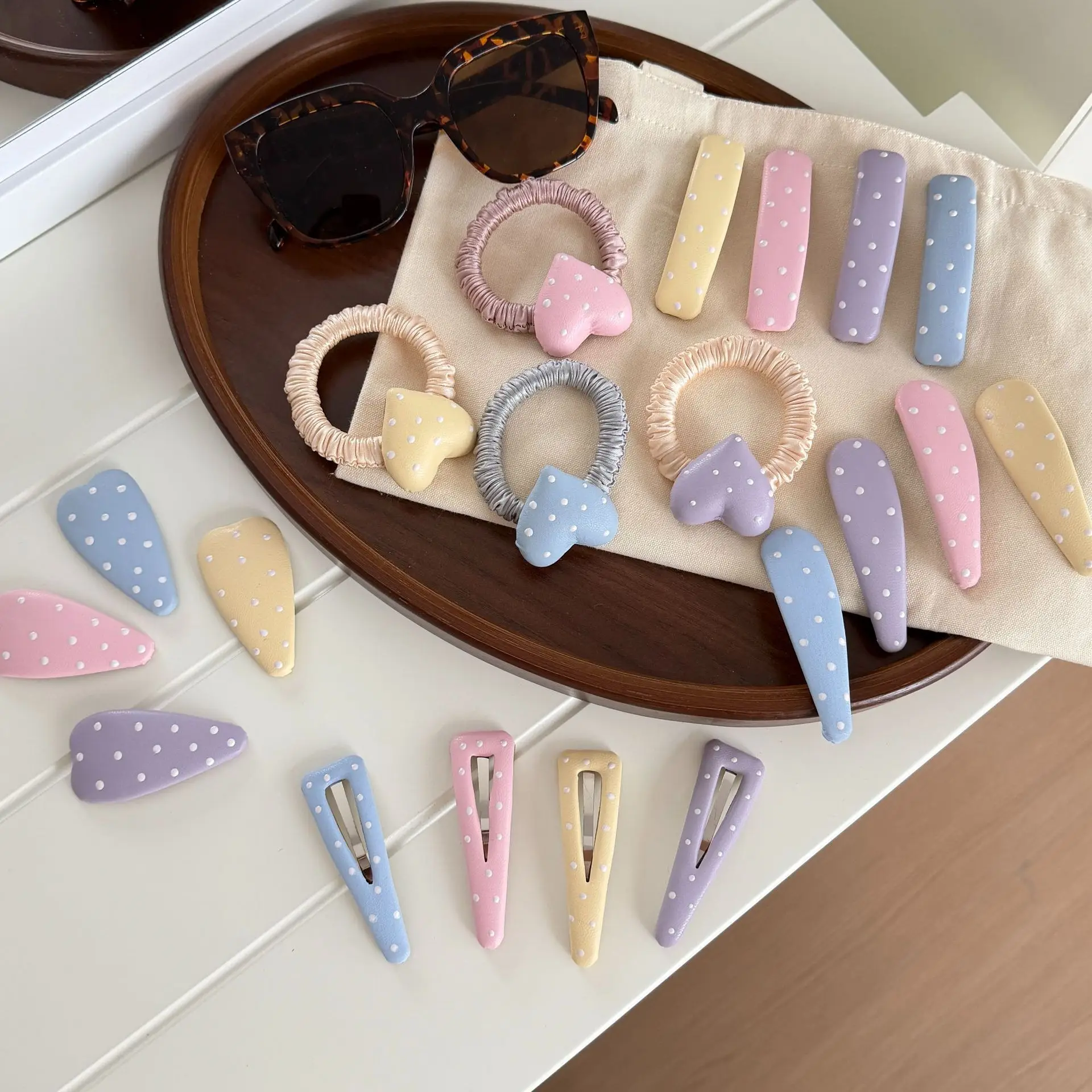 

Hair Clips Set Macaron Polka Dot with Heart Scrunchie Non Damaging Side Clip for Bangs Girls Daily Wear High Quality