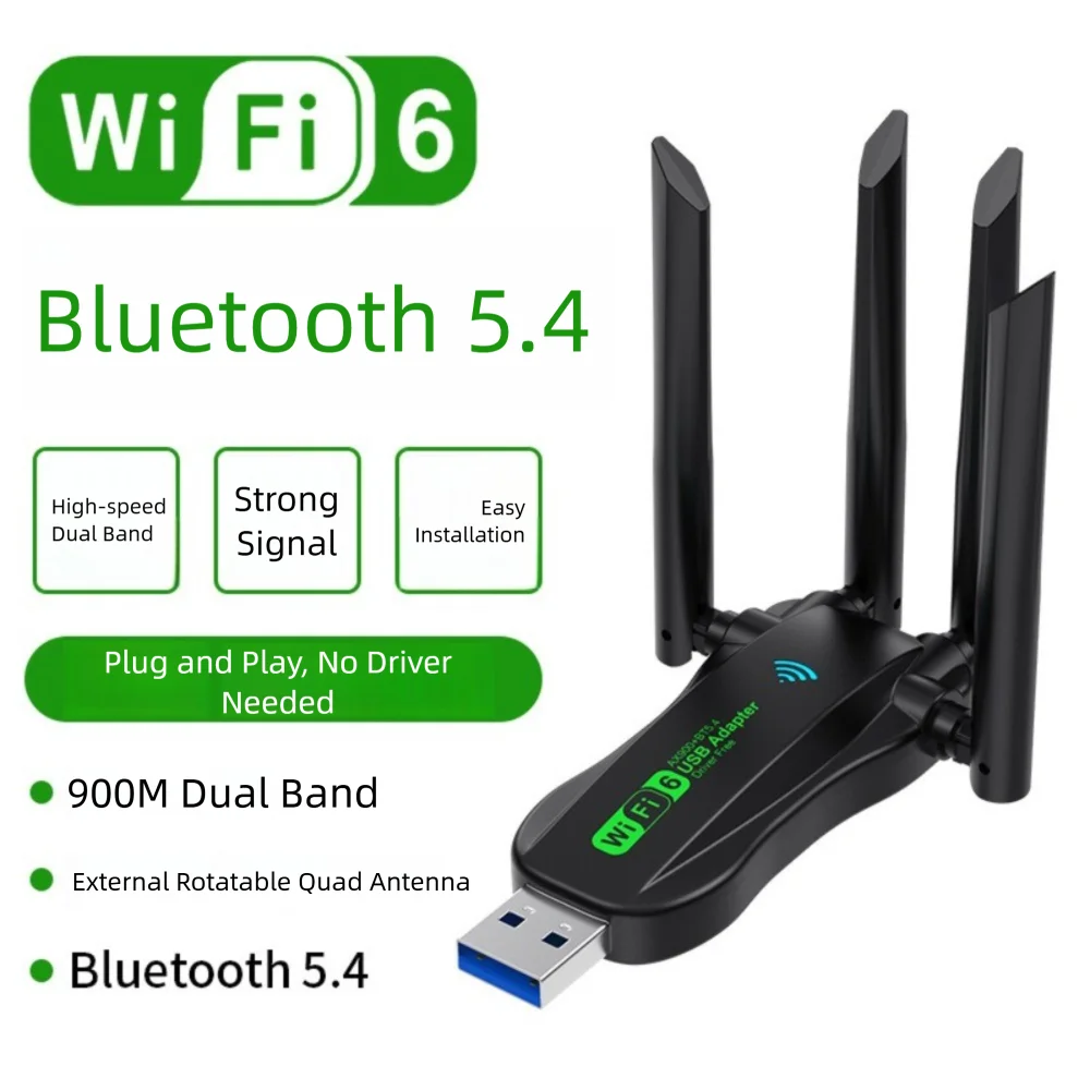 

Портативная сетевая карта Wi-Fi6 1300 Мбит/с Bluetooth AX900 Беспроводной приемник USB3.0 2,4G/5Ghz Универсальный WiFi-ключ