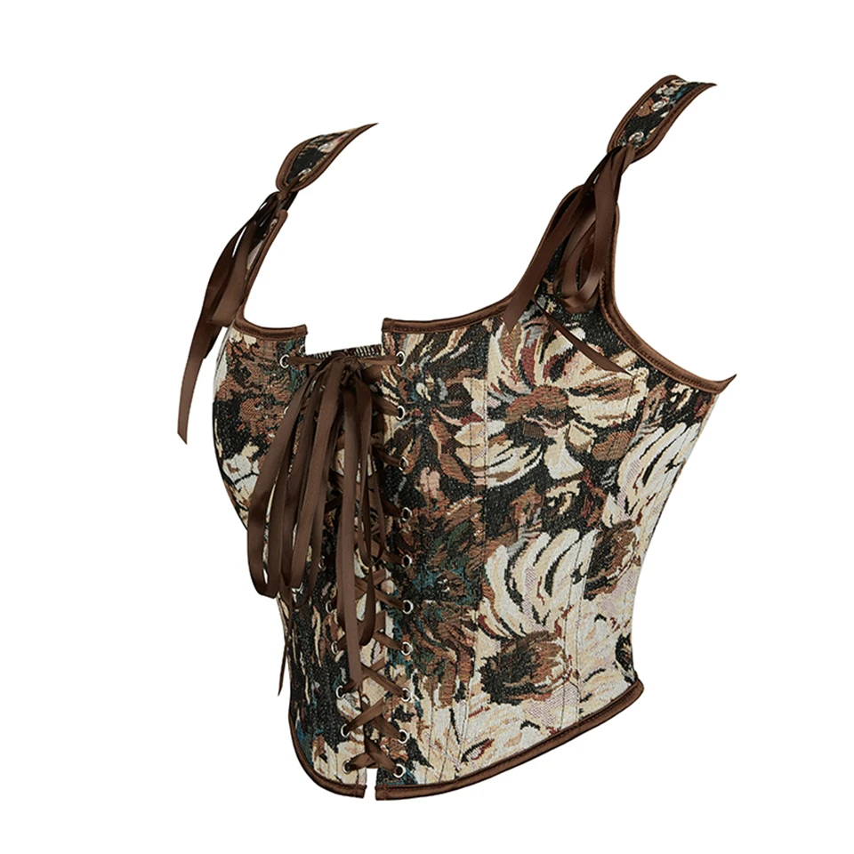 Becirzet Französisches Vintage Damenkorsett Bustier mit Blumenmuster, ärmelloses Schnür-Crop-Top, Taillenformer, Camisole – Detail 4
