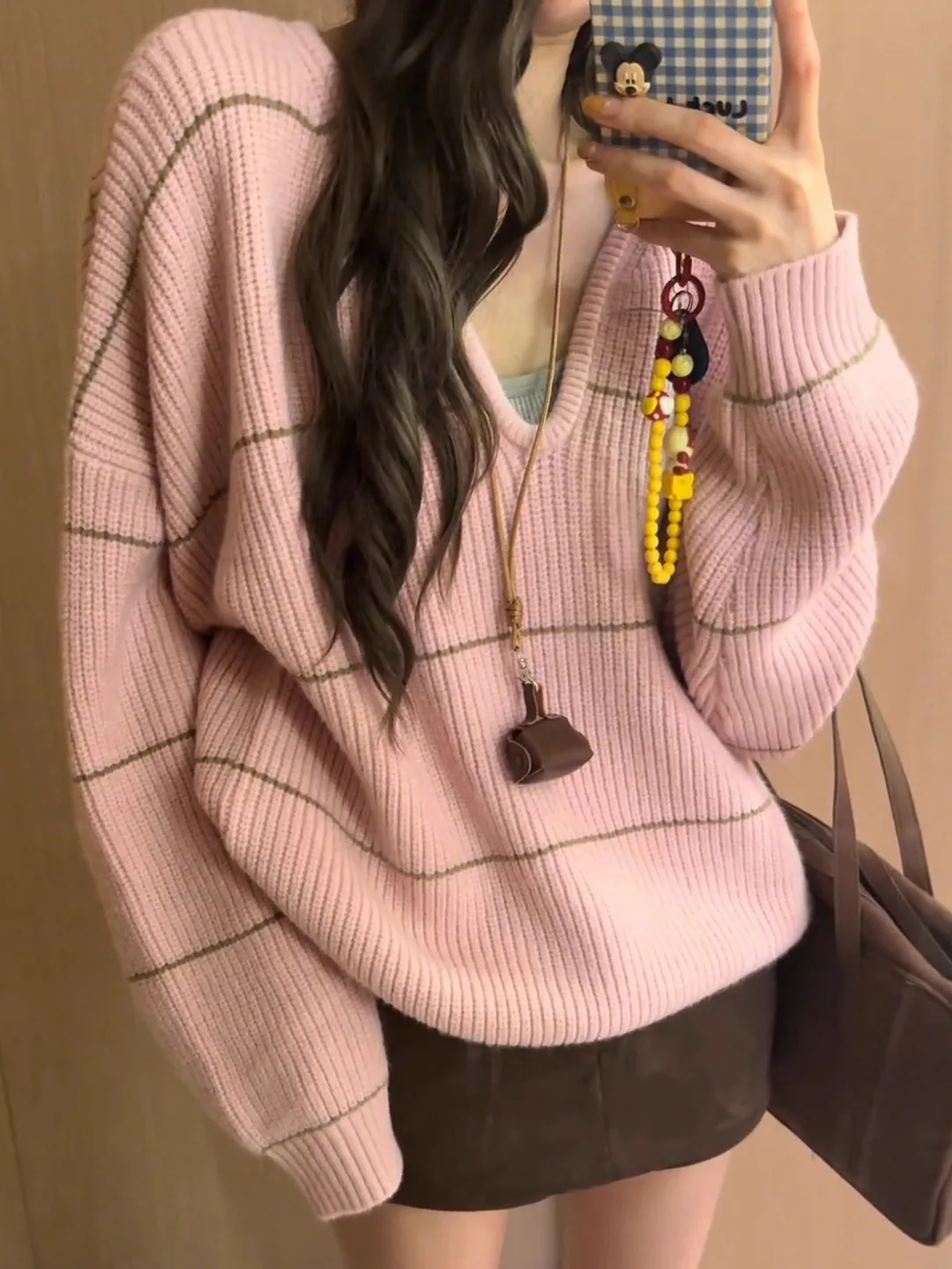 فضفاض طويل Sve V-Ne الوردي متماسكة سترة فريدة من نوعها تصميم مخطط مريح عادية Sle المرأة الخريف الشتاء Faion #5