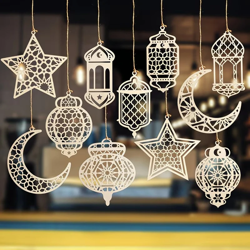 

5PCS Wooden Pendant Ornament Ramadan Kareem Decoration Wind Light Shape Pendant Ornament for Ramadan Mubarak Eid Decorations