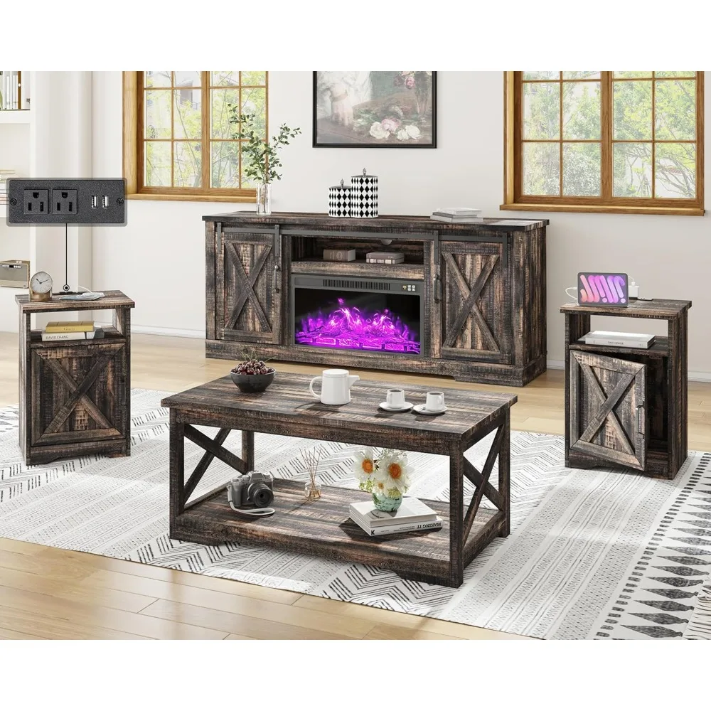 

5-piece farmhouse table set including fireplace TV stand, coffee table with charging dock and USB port, farmhouse table set