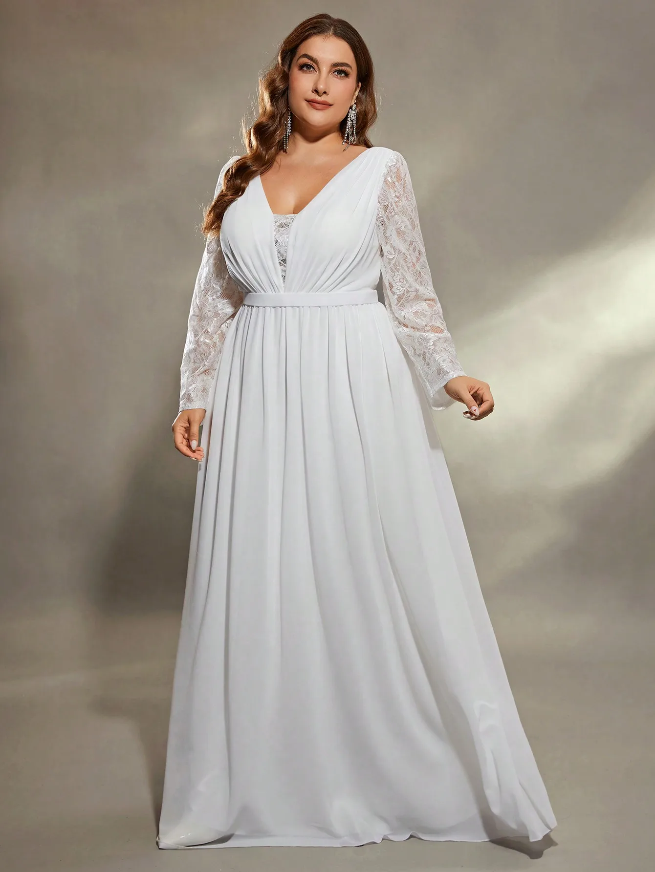 Mgiacy plus size  Deep V shoulder lace long sleeve chest pleated chiffon wedding dress A full skirt Evening gown Ball dress