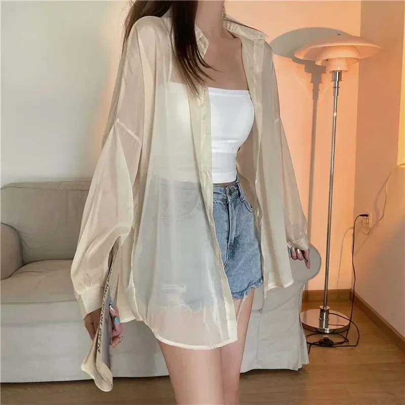 

Women's White Chiffon Shirt Sheer Thin Long Sleeve Blouse Woman Casual Loose Simple Single-breasted Shirts