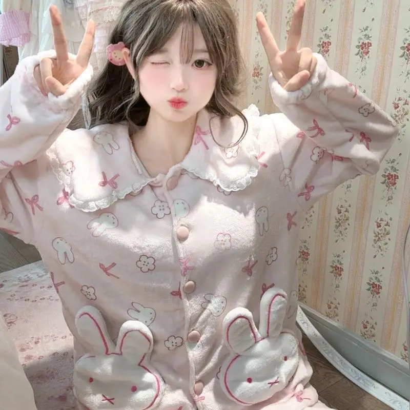 Cartoon Kawaii New Style Pajamas Autumn and Winter Coral Fleece Thicken Sweet Leisure Lounge Clothes Can Be Worn Outside Miffy