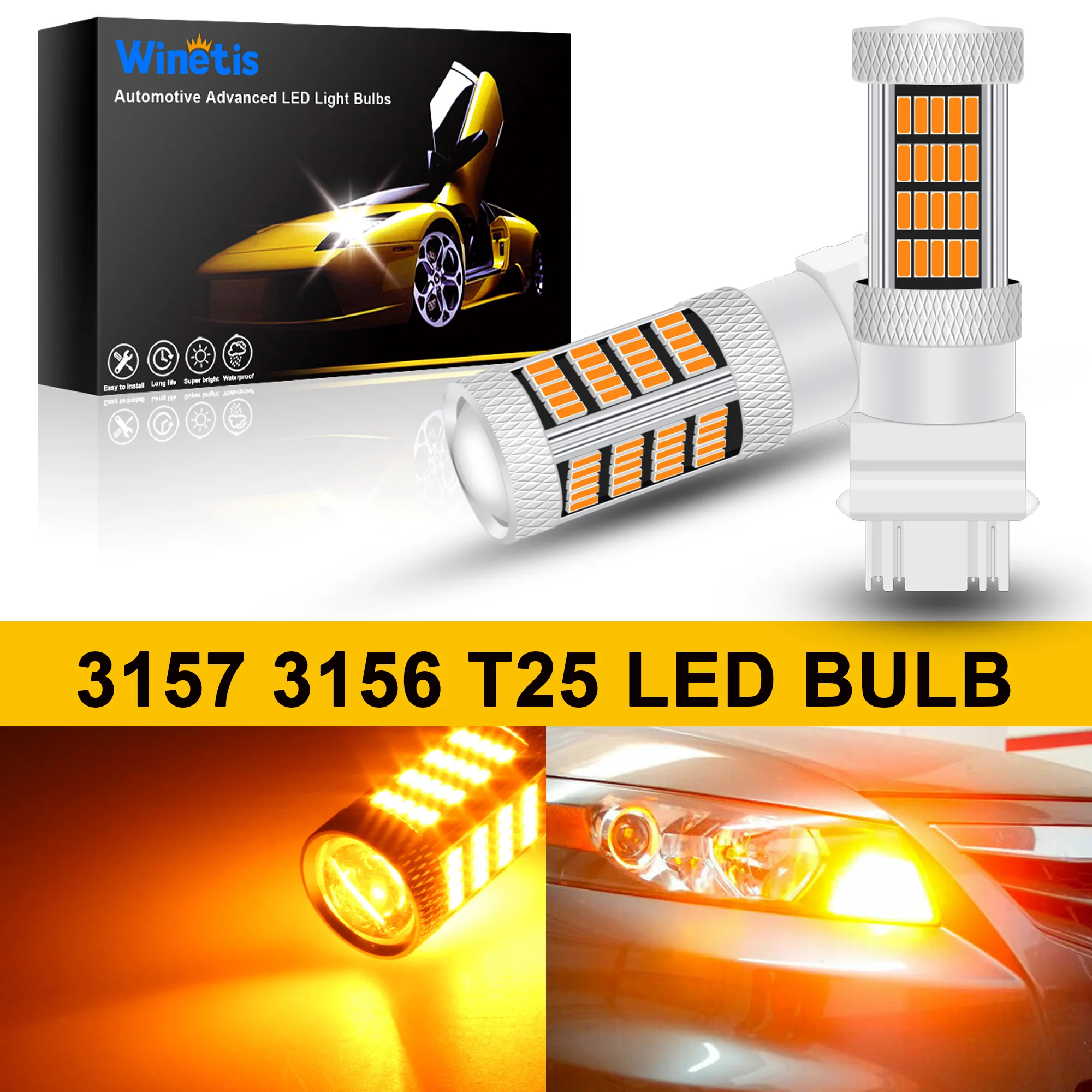 

Winetis 2X 3157 3156 3056 3457A 4057 4157 LED Turn Signal Light DRL Parking Bulbs Amber Yellow 400% Brighter with Projector