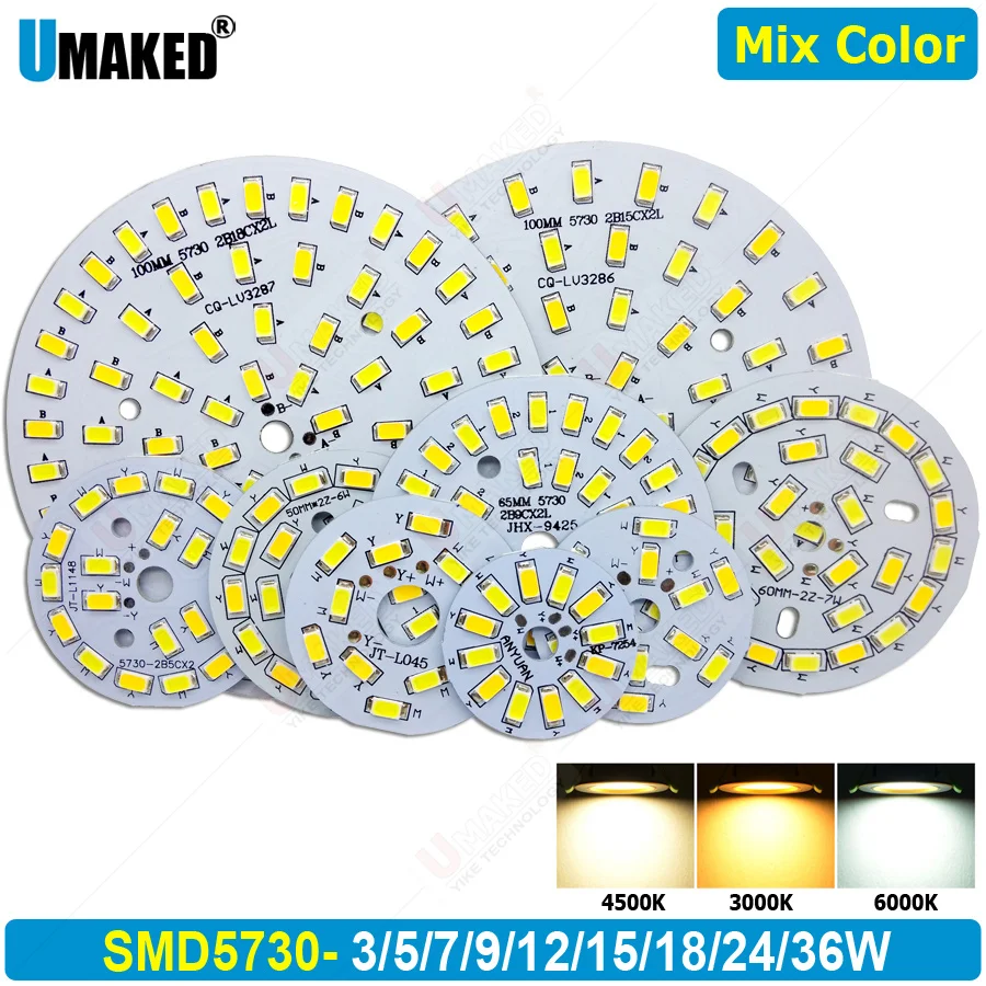 10pcs Mix Color 3W5W7W9W12W15W18W 5730 SMD LED downlight source, aluminum plate panel board diy for bulb ceiling lamp light