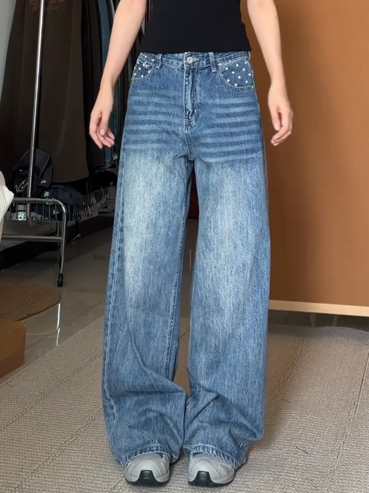 

Свободные джинсы с широкими штанинами для женщин, летняя новинка, винтажный дизайн, с принтом звезд, с высокой талией, прямого кроя, для больших размеров