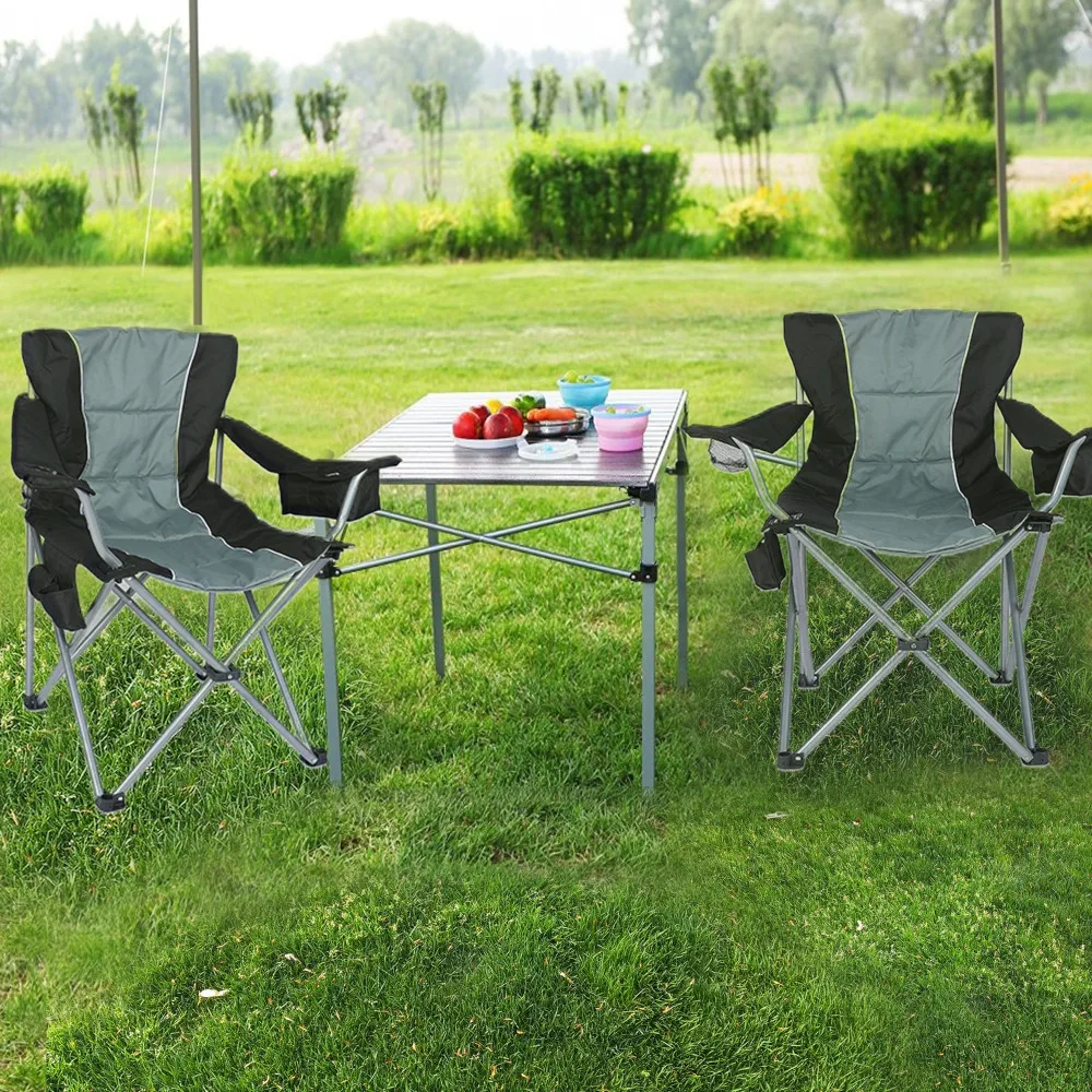 

Camping Folding Chair with Cup Holder, Side Cooler Bag, Heavy Duty Steel Frame Fully P Added Quad Armchair for Outdoors