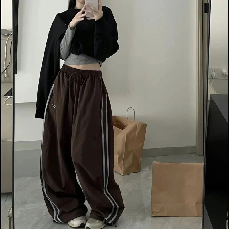 Y2k Streetwear Black Wide Leg Pant Striped Drawstring Korean Casual Baggy Sweatpants High Waist Loose Cargo Trousers For Women