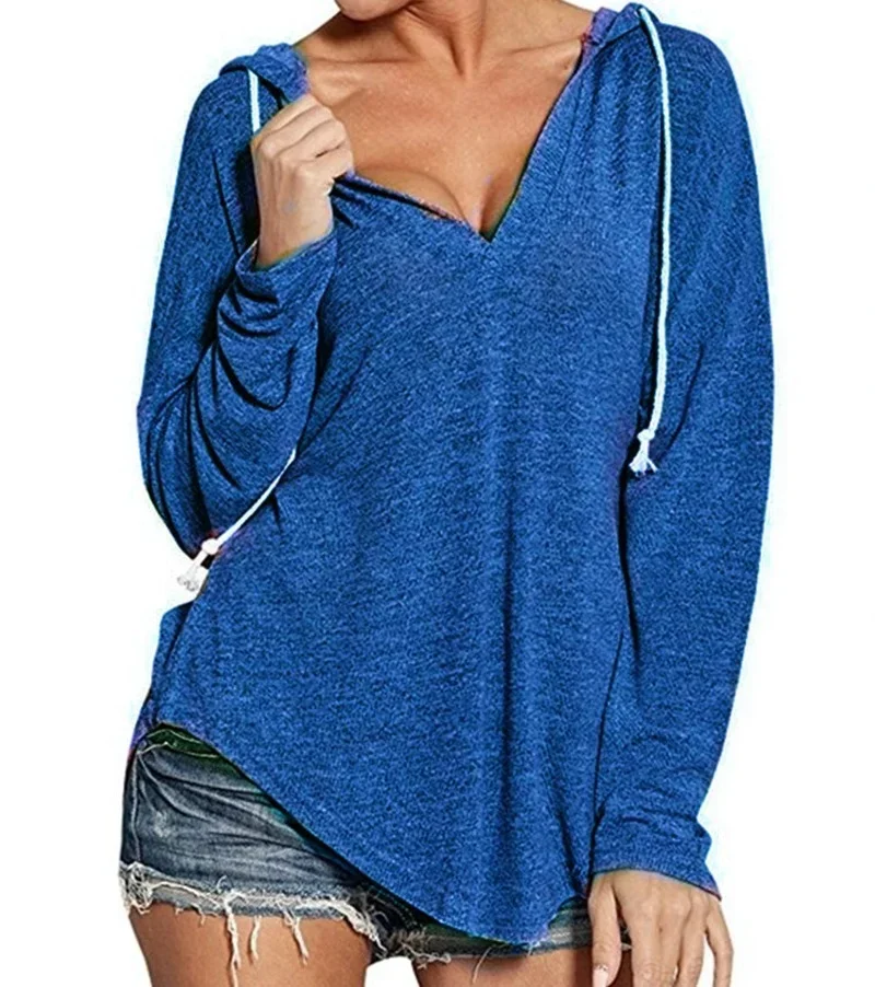 Spring Solid Color Drawstring Hoodies Tops Women Casual V-neck Hooded Sweatshirts Oversized Ladies Loose Pullover T-shirts