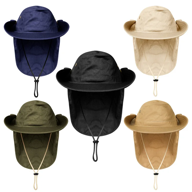 New Adjustable Outdoor Sun Hats UPF 50+ Wide Brim Bucket Hats with Neck Rope Flap Fishing Hiking Men Summer UV Protection Caps