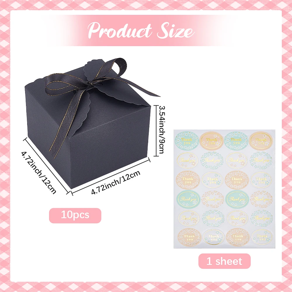 10 Pack 4.7 x 4.7 x 3.5 Inch Mini Wedding Favor Box Black Gift Boxes with Ribbon Small Thank You Sticker Square Empty Storage
