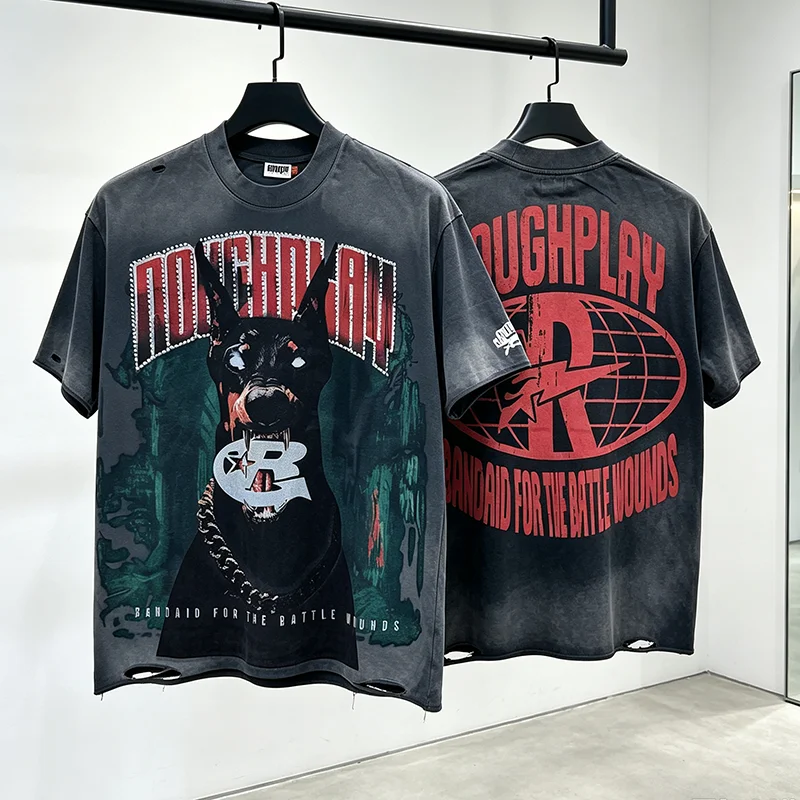 2026 New Rough Play Men T-Shirt Washed Fade Jungle Background Doberman Logo Print Hip Hop Top