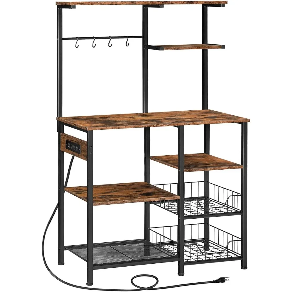Large Bakers Rack with Power Outlets, 6-Tier Microwave Stand with 4 Hooks, Coffee Bar, Kitchen Shelf with Wire Basket, fo