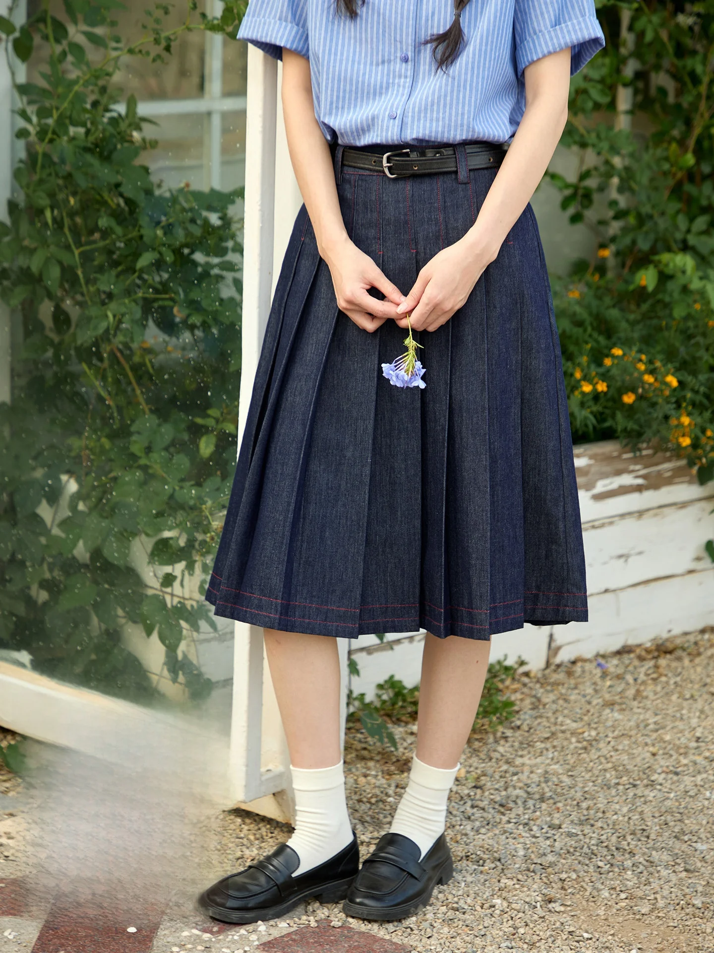 

Original Vintage Denim Midi Skirt Women Summer High Waist Pleated Miniature Umbrella A-Line Skirt Casual Breathable Cotton Blend