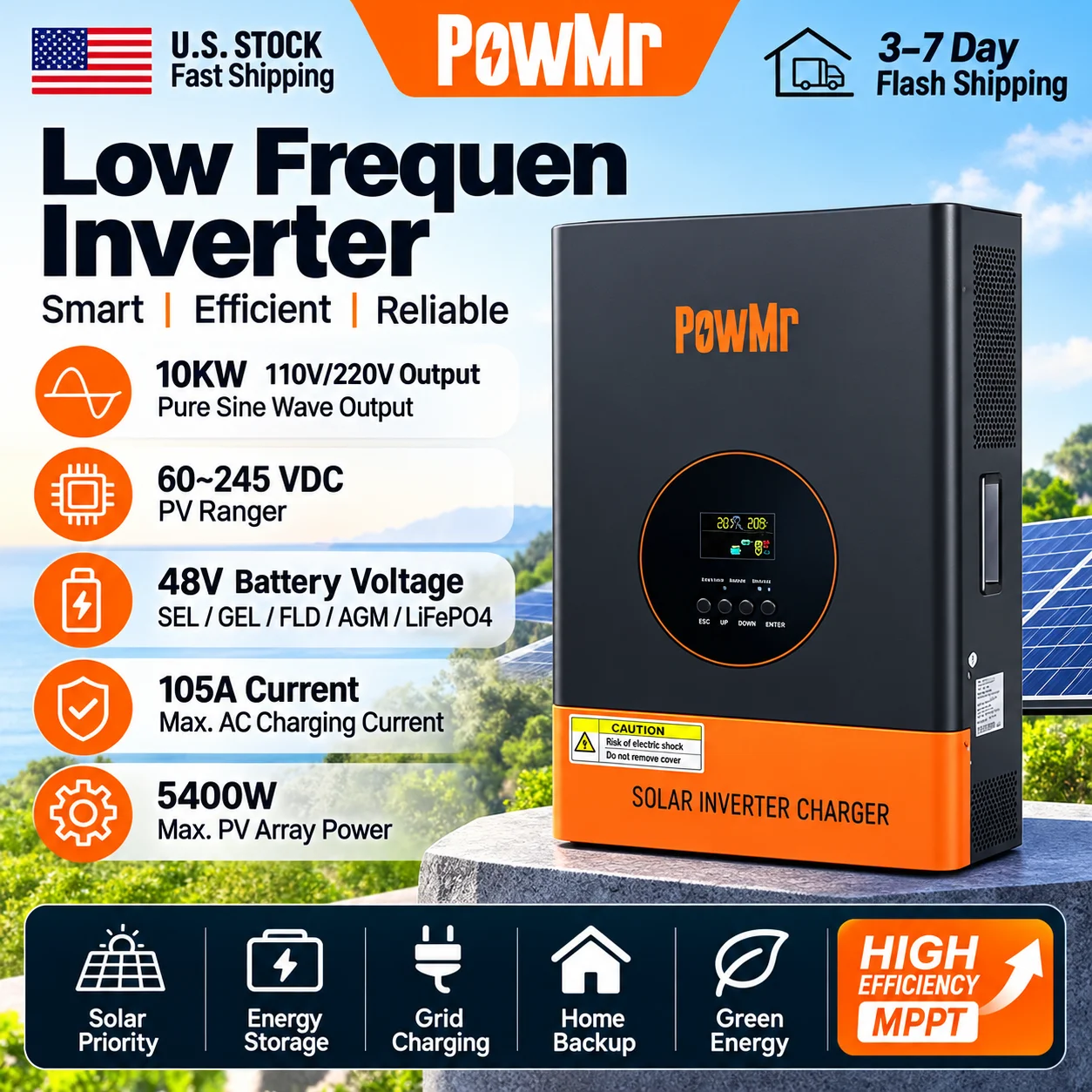 PowMr 48V Low Frequency Solar Inverter 5KW 10KW Split Phase 110V/220V Pure Sine Wave Inverter with 105A MPPT Charging Current Built in BMS Comms AC/DC Dual Charge Protections for Industrial and Commercial Premises
