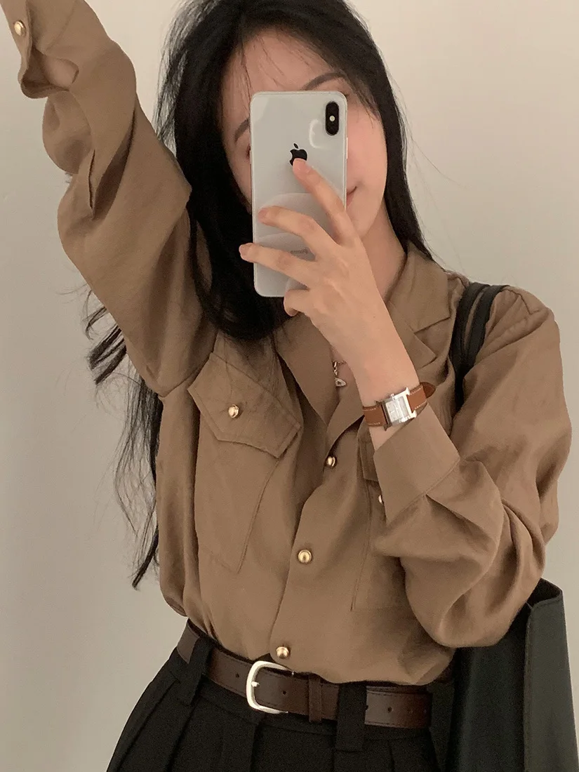 Camisa de mujer de manga larga azul metalizado, estilo coreano, corte recto, de poliéster, para el día a día, Spring Day Loose Feelings