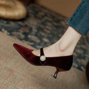 Wine Red Pointed Toe Mary Jane Shoes Women's Vintage One Buckle Stiletto Pointed Toe Single Shoes Velvet Pumps