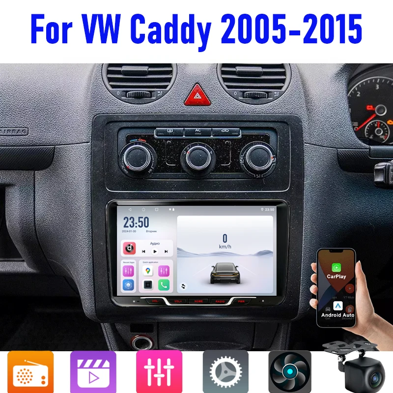 

9 дюймов для VW Caddy 2005-2015, автомобильное радио, стерео головное устройство, беспроводной Carplay Android 13, автоматическая интеллектуальная система, мультимедийный плеер, GPS