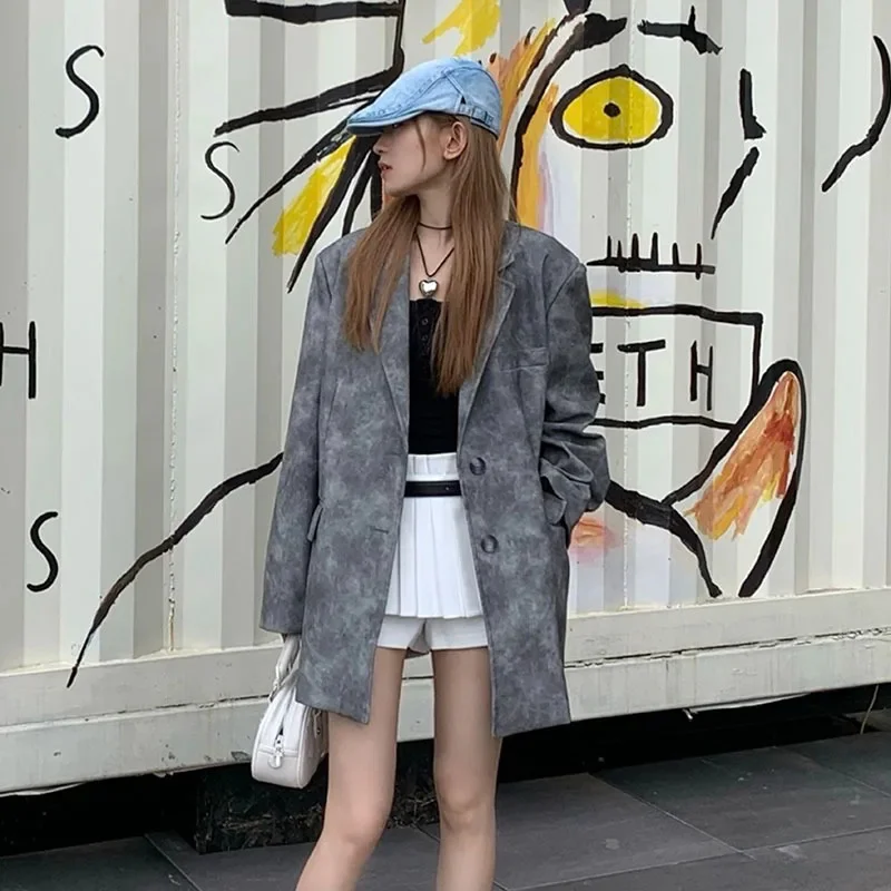 Alta qualidade cinza falso couro blazers feminino primavera outono casual gola entalhada único breasted manga longa terno feminino jaqueta