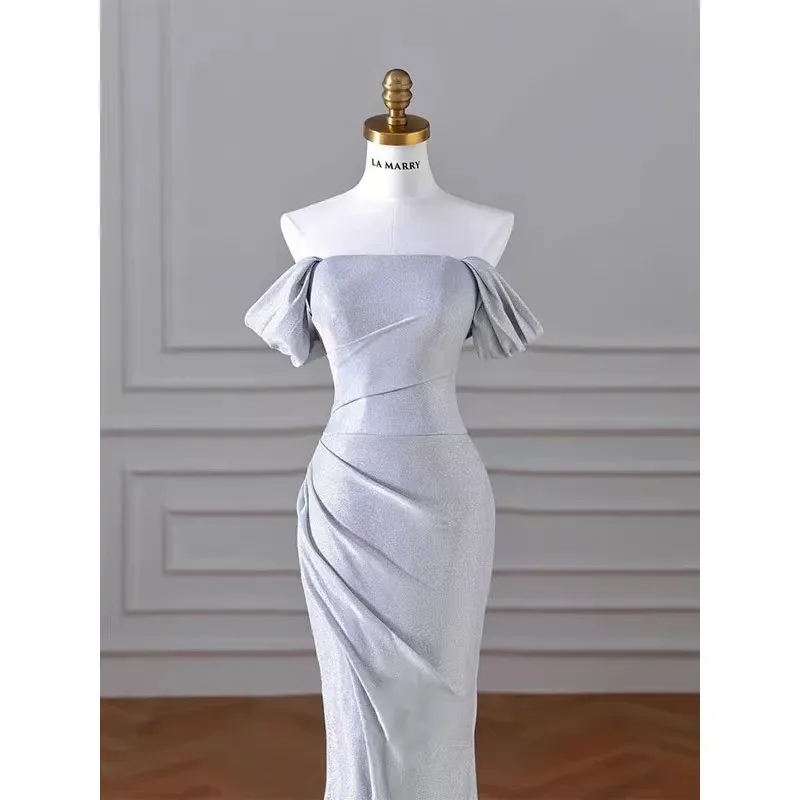 

Silver off-Shoulder Toast Clothing Slim-Fit Catwalk Host Fishtail Waist-Tight Dress Women