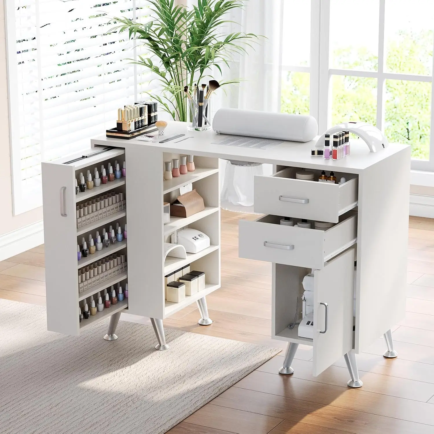 Nail Table Workstation for Beauty Salon Manicure Table Nail Desk with Vertical Locker Storage Cabinet 4-Tiers Open Shelves