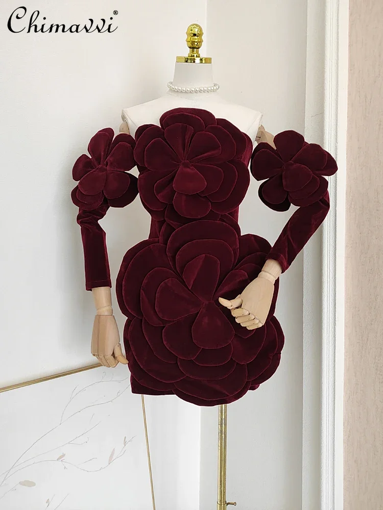 

French Temperament Socialite Heavy Industry 3D Flower Sleeves High Waist Slim Hip-wrapped Strapless Short Evening Dress Women