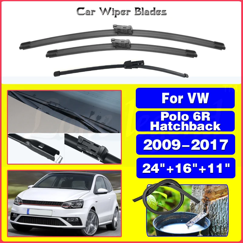 

For VW Polo 6R Hatchback 2009-2017 Car Front Rear Wiper Blades Soft Rubber Windscreen Wipers Auto Windshield 24"16"11" 2015 2016