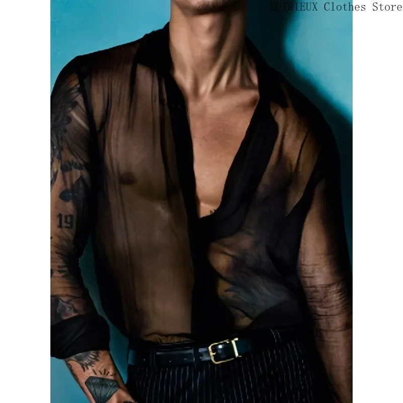 

Men's Summer Black Thin See-through Clothes Men's Casual Shirt Breathable Blouse Night Bar Club Sexy Costume