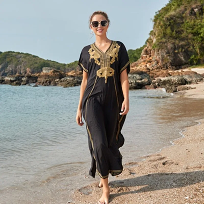 Fashionable Beach Cover Up Dress for Women Breathable Rayon Embroidered Kaftan Style Swim Coverup for Vacation Holiday Resort