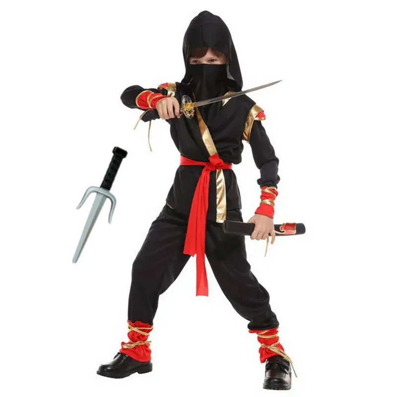 3-12Y Kids Ninja Samurai Cosplay Costume with Red Sword and Fork Full Set Japanese Warrior Cosplay Halloween Dress Up Costume