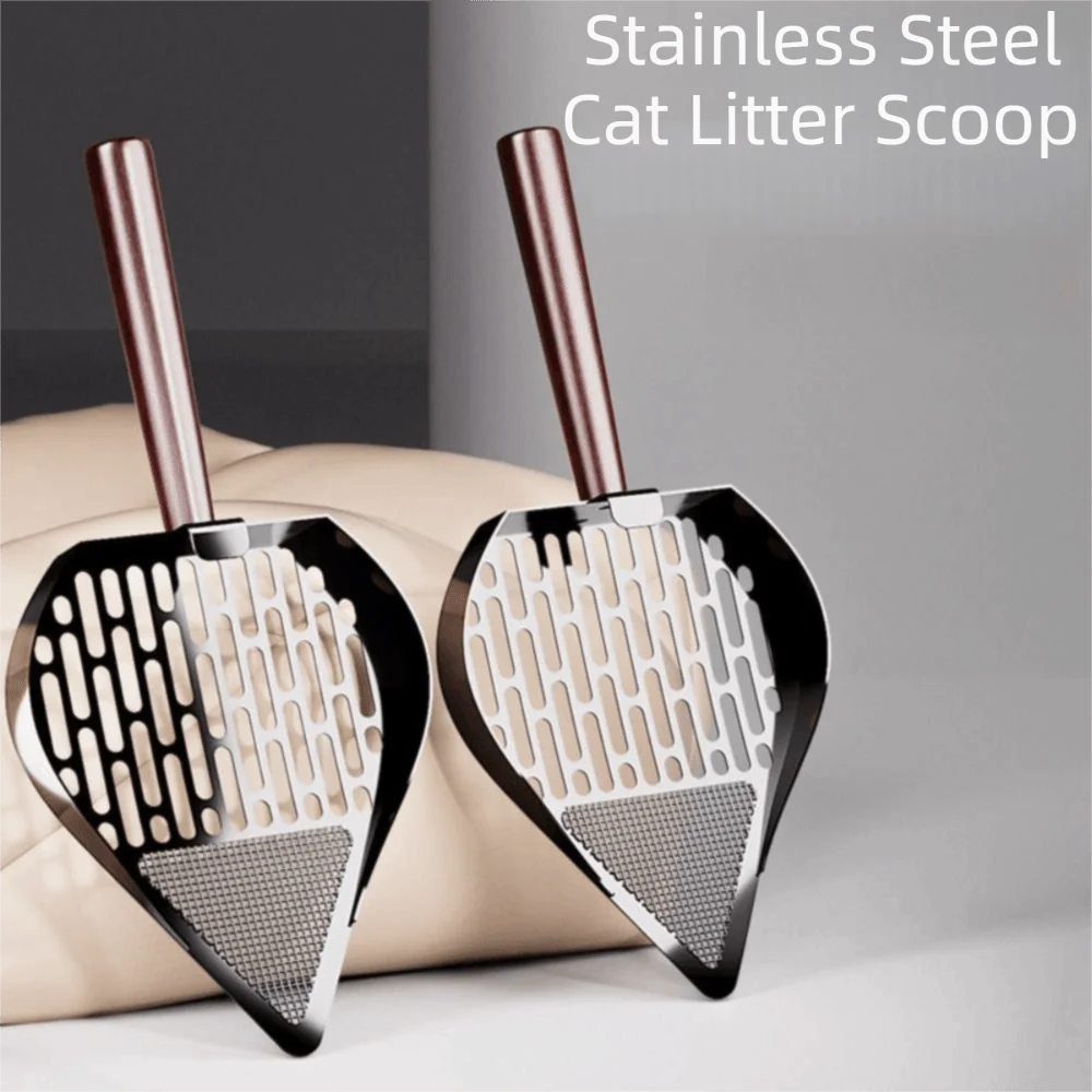 Stainless Steel Cat Litter Scoop Double Sifting Wood Handle Pet Waste Shovel Easy To Clean Comfortable Grip Kitten Poop Scooper