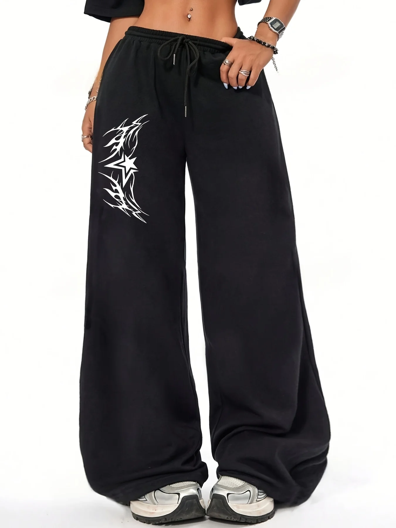 

Женские осенние и зимние свободные прямые флисовые спортивные штаны больших размеров с мультяшным принтом, уличная одежда с эластичным поясом, универсальная