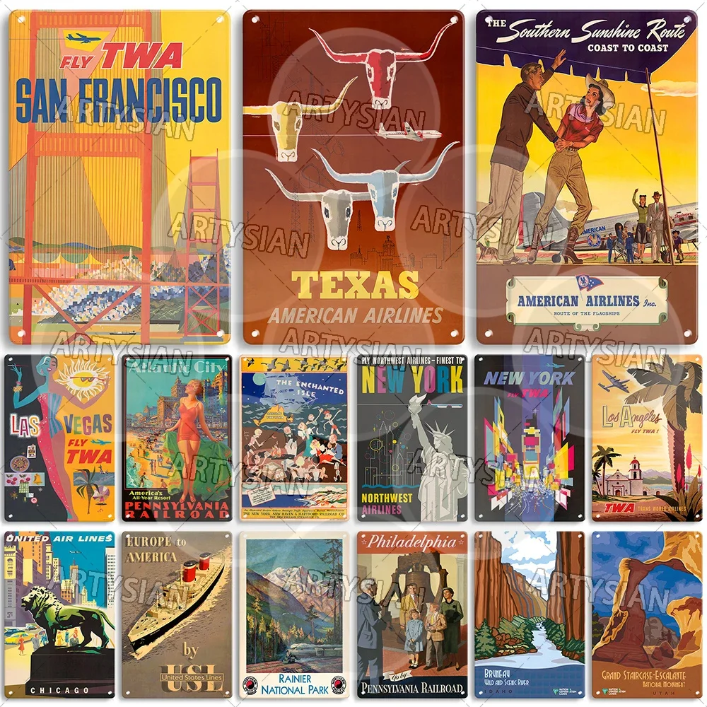 Travel Poster United States Metal Sign Chicago Atlantic City San Francisco Sun Valley New York Washington Texas Las Vegas Hawaii