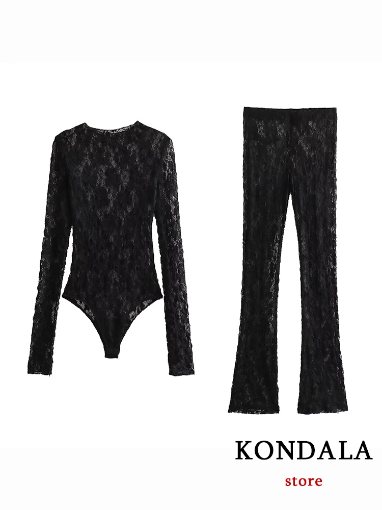 

KONDALA Chic Solid Vintage Lace Black Sexy Women Suit Fashion 2023 Autumn Long Sleeve Hollow Out Jumpsuit High Waist Flare Pants