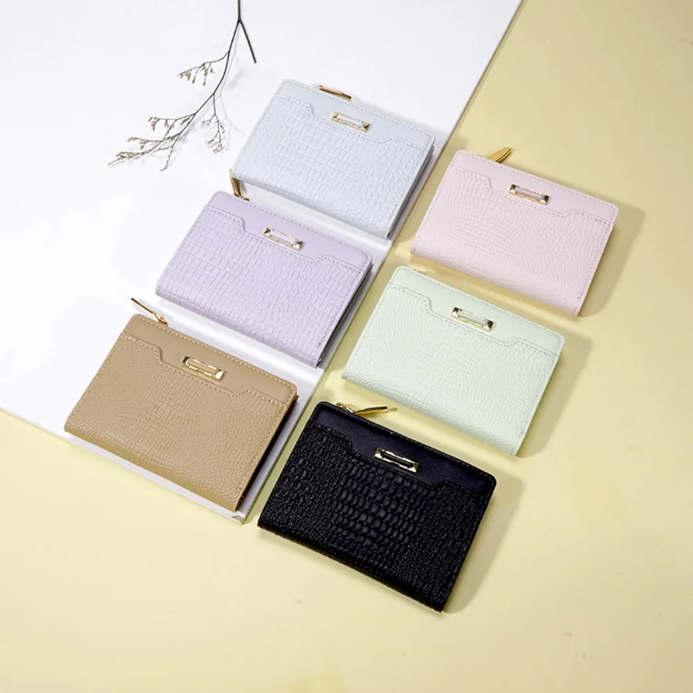 

Mini Short Wallet Senior Zipper Solid Color Card Holders Crocodile Pattern PU Leather Money Bag Women