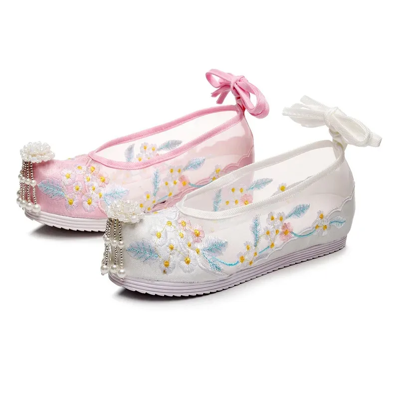 Hanfu meninas dinastia ming pérola streaming bordado flor sola macia sapatos de noiva alta ascensão antigo traje adereços ir;l5