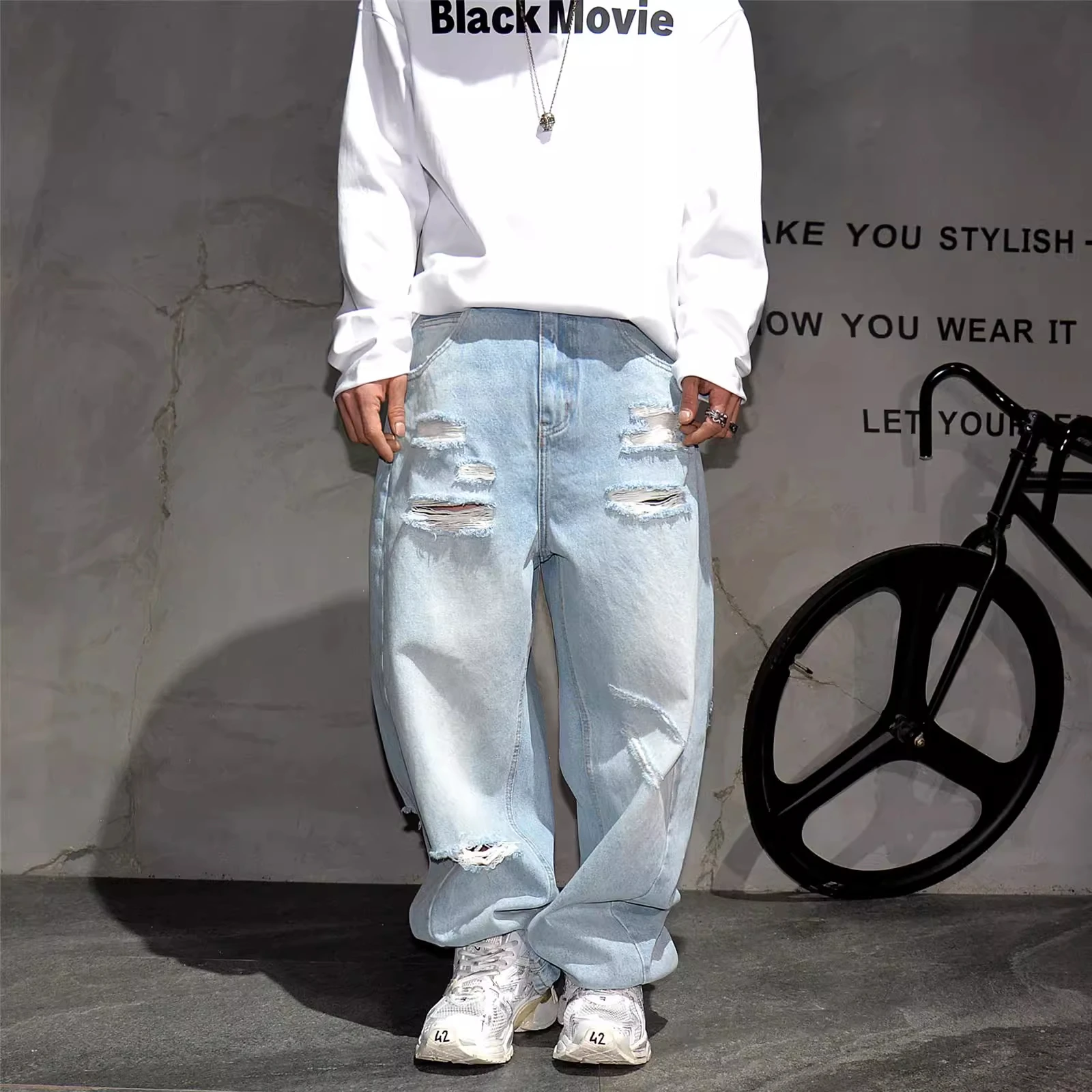 

Loose Straight Leg Men's Jeans Large Size 300 Pou Trendy Brand Casual Summer Wear Long Pants Wide Leg Hole Design