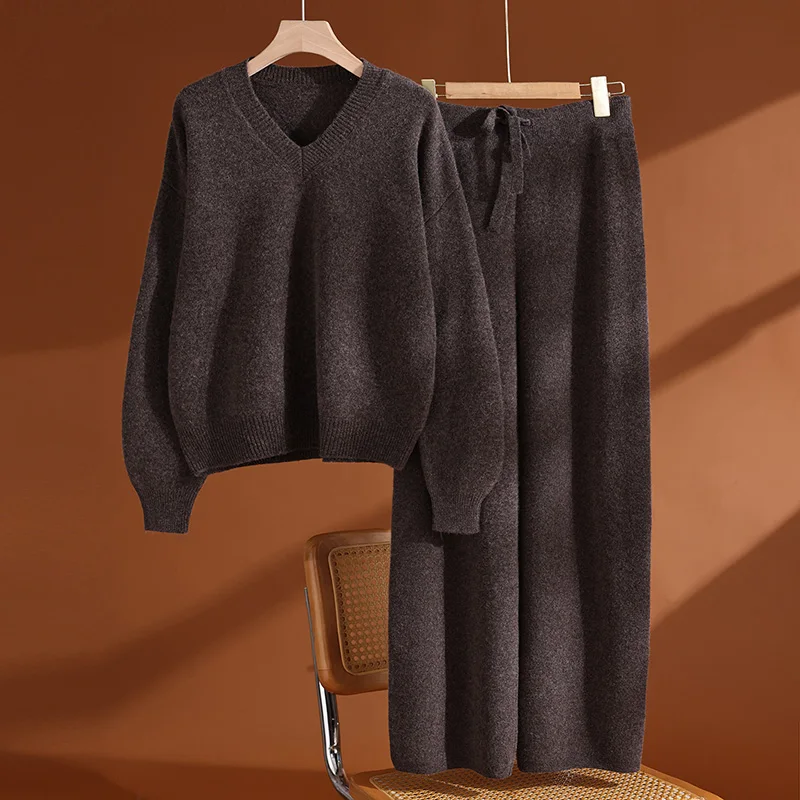 ADDONEE Women 100% Wool V-neck Pullover Wide Leg Pants Suit Autumn Winter Thick Casual Wool Knitwear Outfit Long Sleeve Sweater