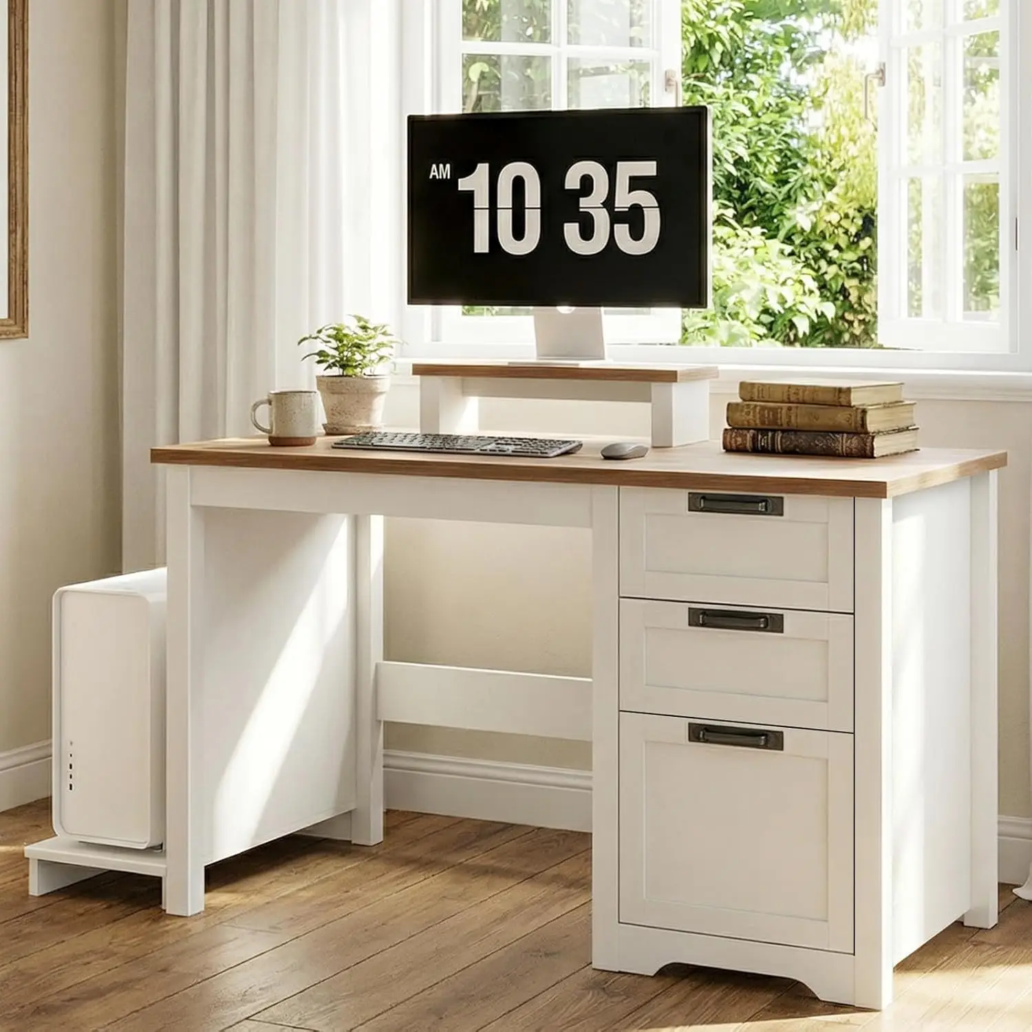 #47.2”Farmhouse Computer Desk with Adjustable File Drawer, 3 Drawers Reversible Executive Desk with Movable Monitor, Customized