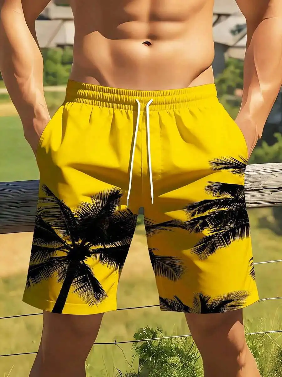 

Yellow Palm Tree Print Swim Shorts For Men Summer Beach Casual Wear