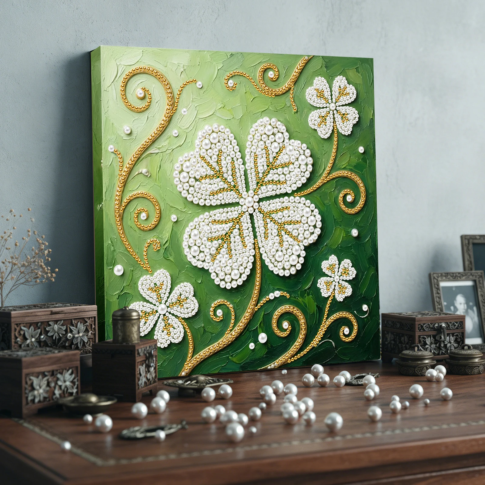 

Four-Leaf Clover DIY Pearl Painting Art Kits W/ Frame for Home Decor 25x25cm